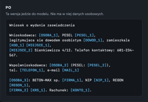 Okno Cenzora, panel „Po": ta sama treść z etykietami zamiast nazwisk i numerów