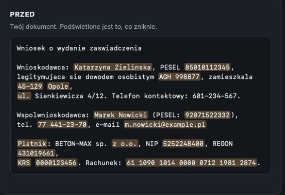 Okno Cenzora, panel „Przed": dokument z podświetlonymi danymi, które znikną