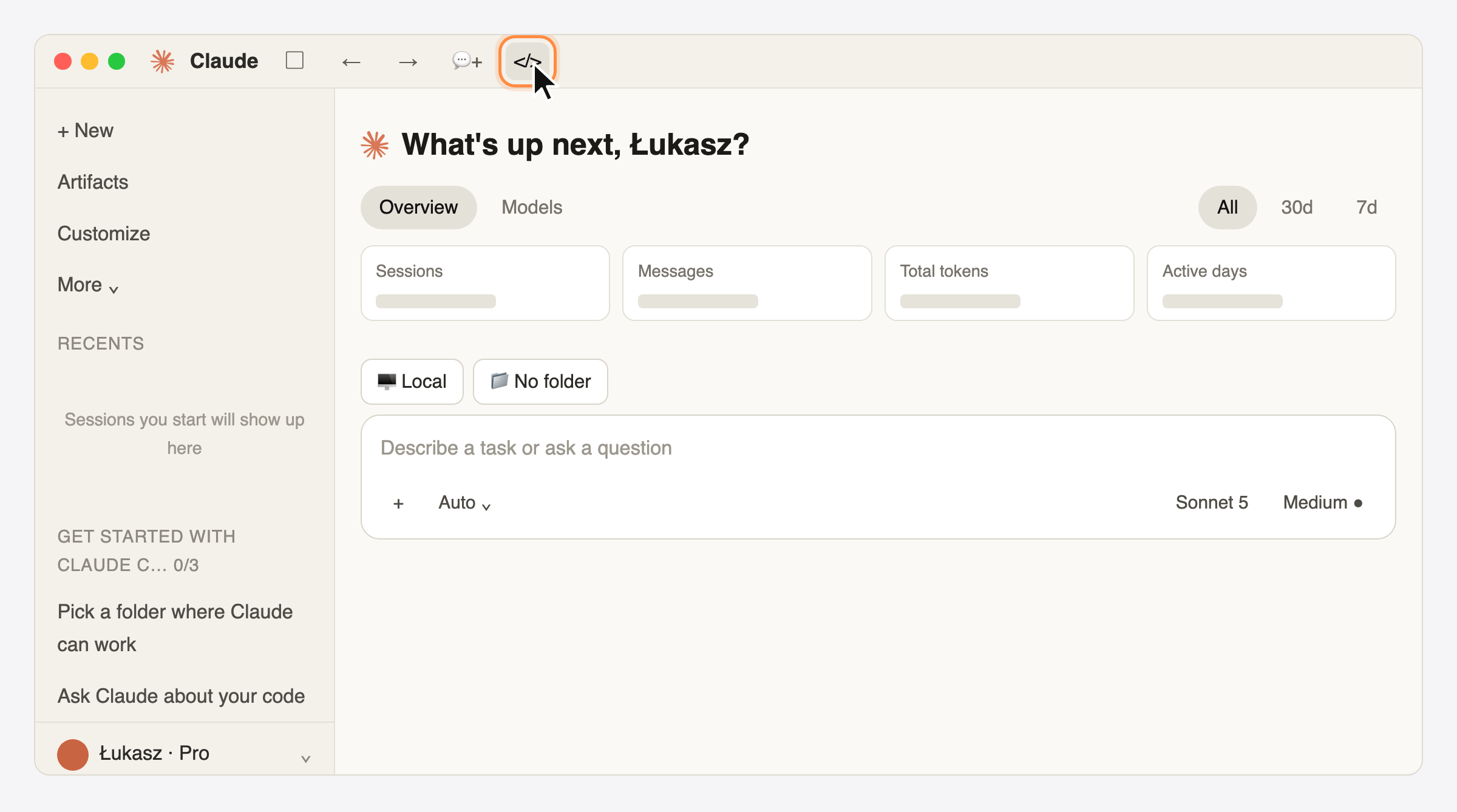 aplikacja Claude po zalogowaniu, zakładka Code