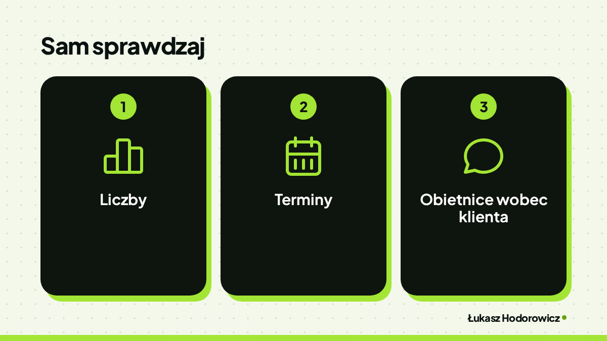 Sam sprawdzaj: liczby, terminy, obietnice wobec klienta.