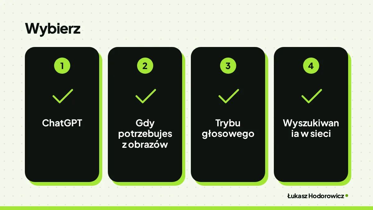 Wybierz: ChatGPT, gdy potrzebujesz obrazów, trybu głosowego, wyszukiwania w sieci.