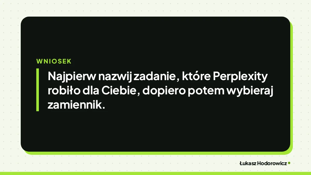 Wniosek: Najpierw nazwij zadanie, które Perplexity robiło dla Ciebie, dopiero potem wybieraj zamiennik.