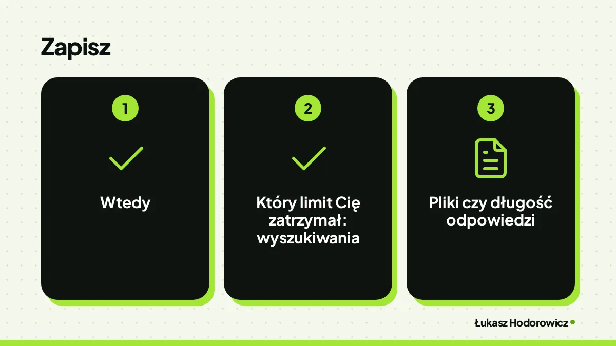 Zapisz: wtedy, który limit Cię zatrzymał: wyszukiwania, pliki czy długość odpowiedzi.