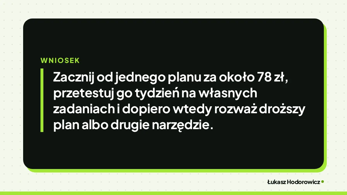 Wniosek: Zacznij od jednego planu za około 78 zł, przetestuj go tydzień na własnych zadaniach i dopiero wtedy rozważ droższy plan albo drugie narzędzie.