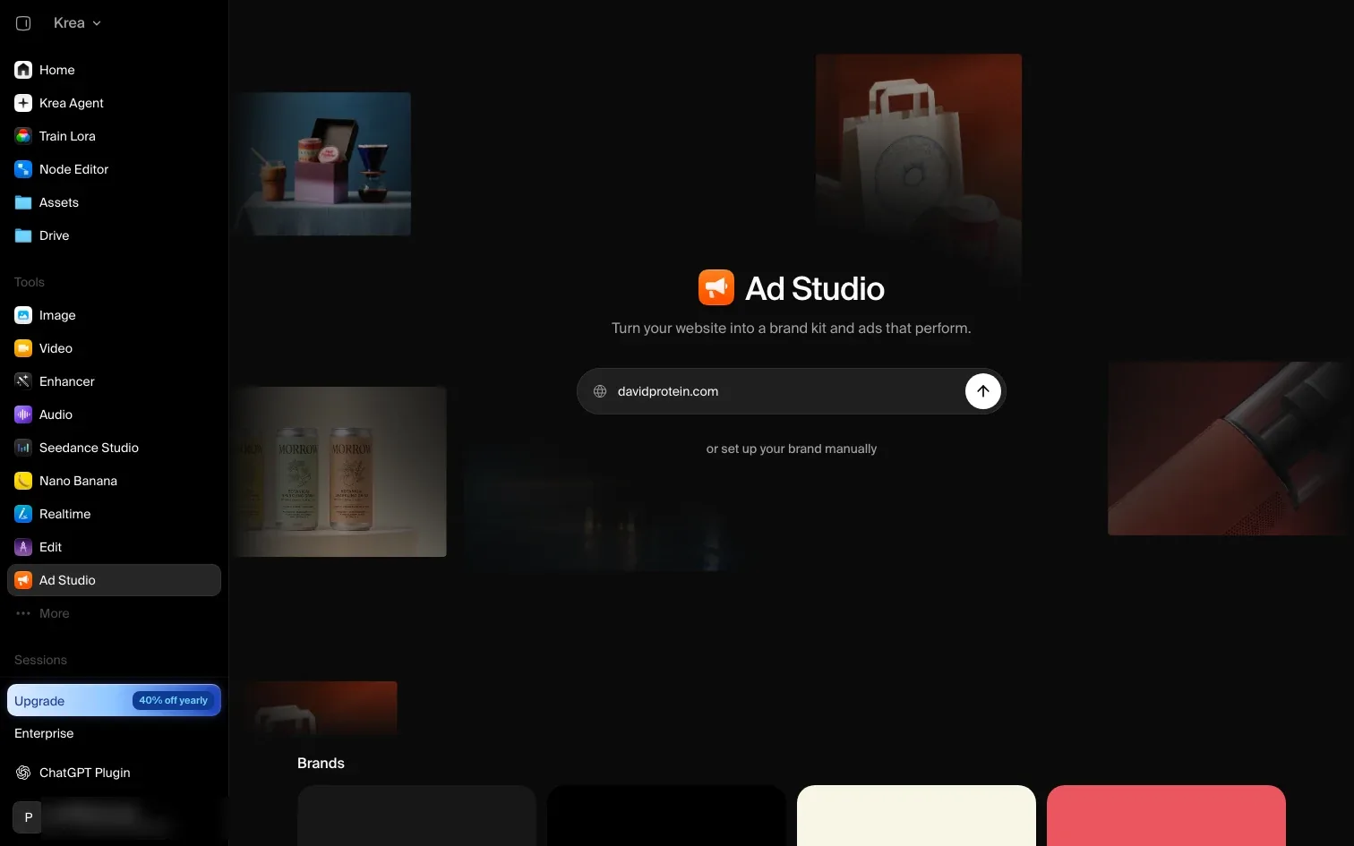 Ekran startowy Ad Studio w Krea z polem na adres strony internetowej