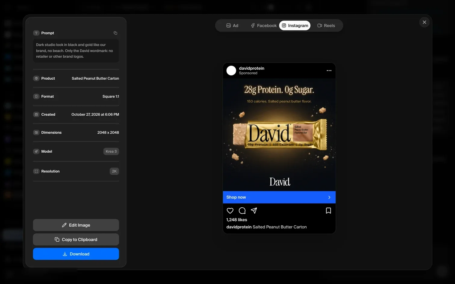 Podgląd kwadratowej reklamy w Ad Studio jako sponsorowanego posta na Instagramie