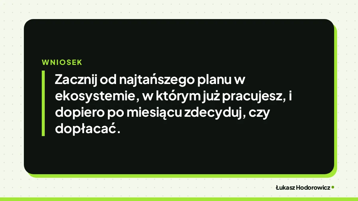 Wniosek: Zacznij od najtańszego planu w ekosystemie, w którym już pracujesz, i dopiero po miesiącu zdecyduj, czy dopłacać.