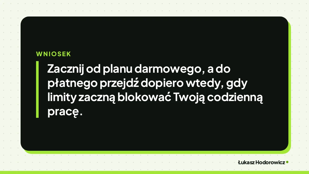Wniosek: Zacznij od planu darmowego, a do płatnego przejdź dopiero wtedy, gdy limity zaczną blokować Twoją codzienną pracę.
