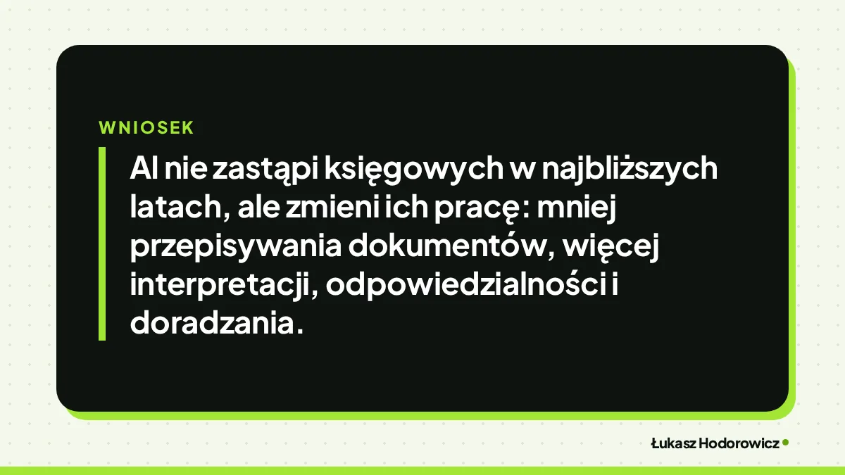 Wniosek: AI nie zastąpi księgowych w najbliższych latach, ale zmieni ich pracę: mniej przepisywania dokumentów, więcej interpretacji, odpowiedzialności i doradzania.