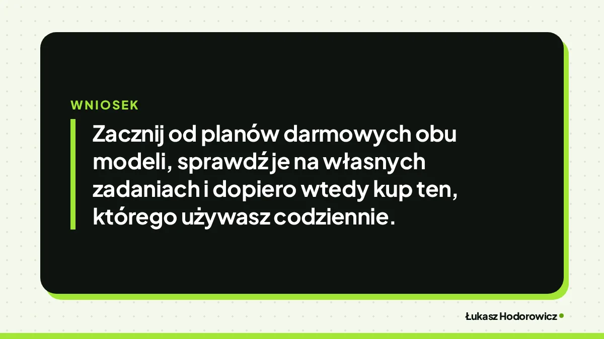 Wniosek: Zacznij od planów darmowych obu modeli, sprawdź je na własnych zadaniach i dopiero wtedy kup ten, którego używasz codziennie.
