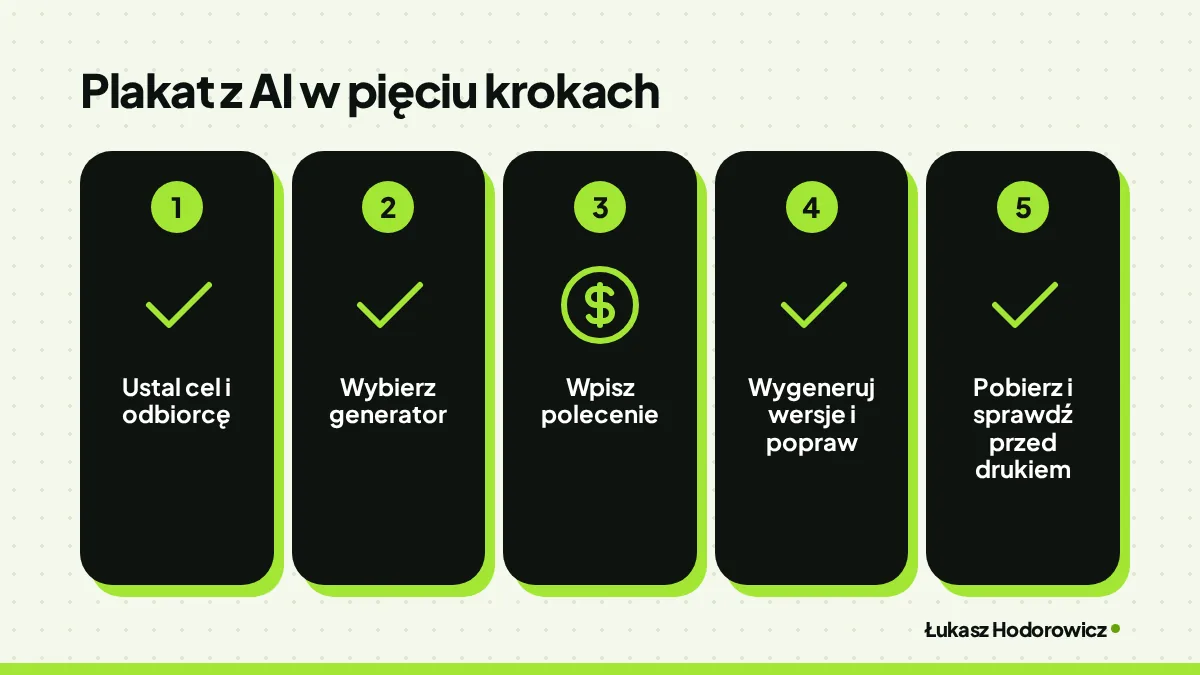 Plakat z AI w pięciu krokach: Ustal cel i odbiorcę, Wybierz generator, Wpisz polecenie, Wygeneruj wersje i popraw, Pobierz i sprawdź przed drukiem.