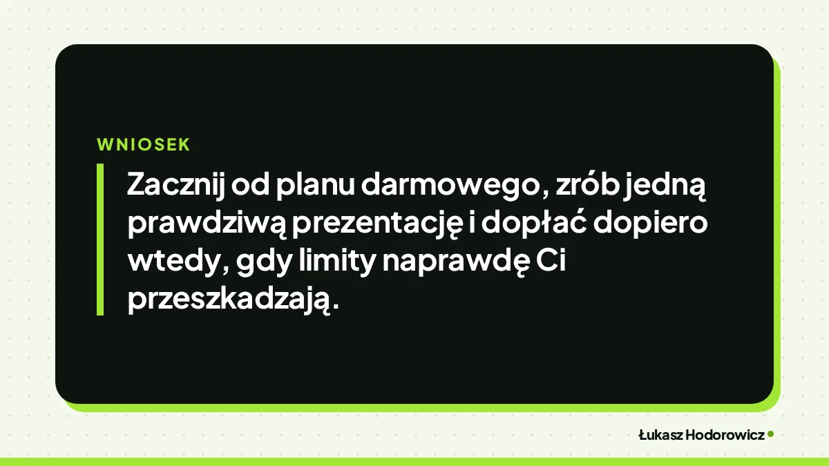 Wniosek: Zacznij od planu darmowego, zrób jedną prawdziwą prezentację i dopłać dopiero wtedy, gdy limity naprawdę Ci przeszkadzają.