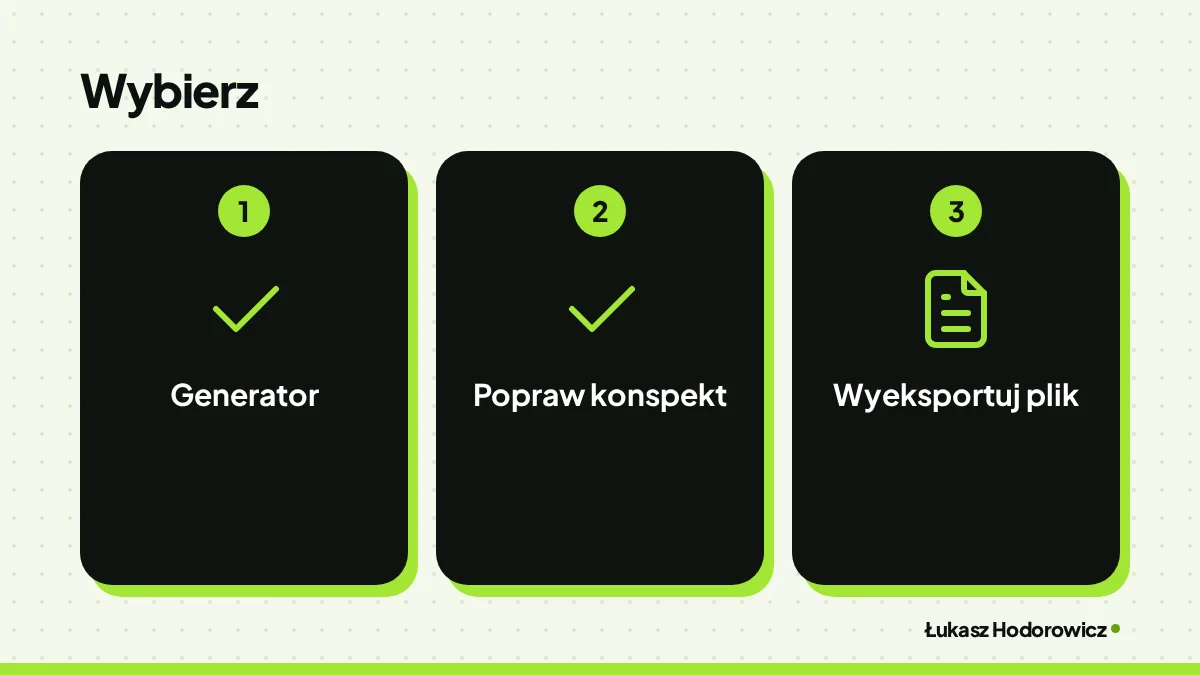 Wybierz: generator, popraw konspekt, wyeksportuj plik.