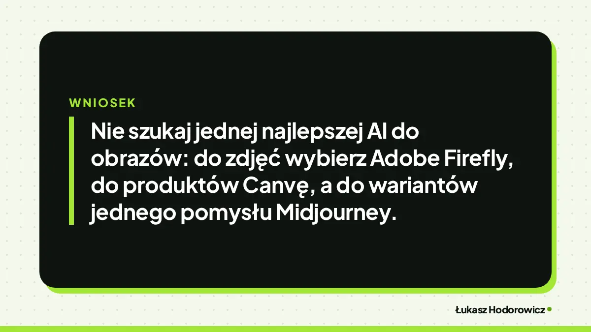 Wniosek: Nie szukaj jednej najlepszej AI do obrazów: do zdjęć wybierz Adobe Firefly, do produktów Canvę, a do wariantów jednego pomysłu Midjourney.