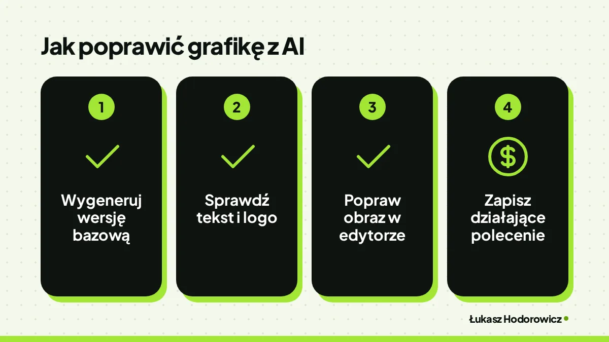 Jak poprawić grafikę z AI: Wygeneruj wersję bazową, Sprawdź tekst i logo, Popraw obraz w edytorze, Zapisz działające polecenie.