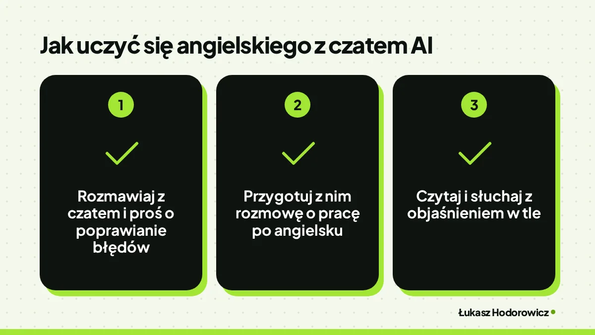 Jak uczyć się angielskiego z czatem AI: Rozmawiaj z czatem i proś o poprawianie błędów, Przygotuj z nim rozmowę o pracę po angielsku, Czytaj i słuchaj z objaśnieniem w tle.