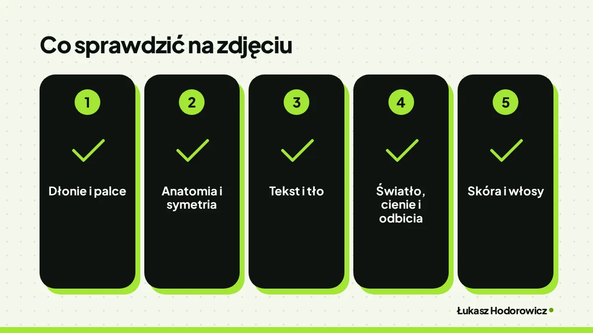Co sprawdzić na zdjęciu: Dłonie i palce, Anatomia i symetria, Tekst i tło, Światło, cienie i odbicia, Skóra i włosy.