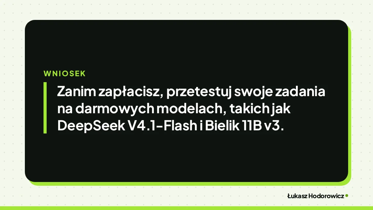 Wniosek: Zanim zapłacisz, przetestuj swoje zadania na darmowych modelach, takich jak DeepSeek V4.1-Flash i Bielik 11B v3.